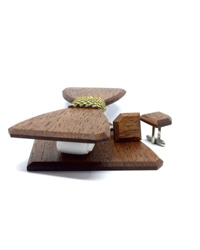 Drewniana muszka, spinki do mankietów i poszetka MARACHIC