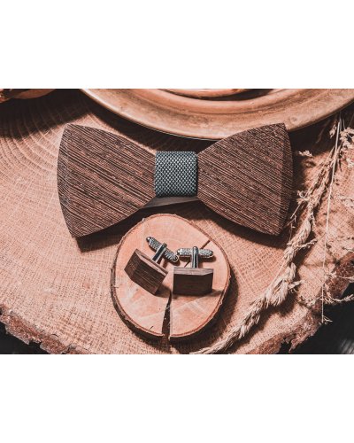 Drewniana muszka ze spinkami do mankietów ciemne drewno Wenge