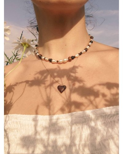 Naszyjnik z naturalnym pereł słodkowodnych i drewna