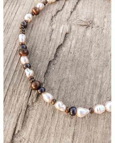 Naszyjnik z naturalnym pereł słodkowodnych i drewna