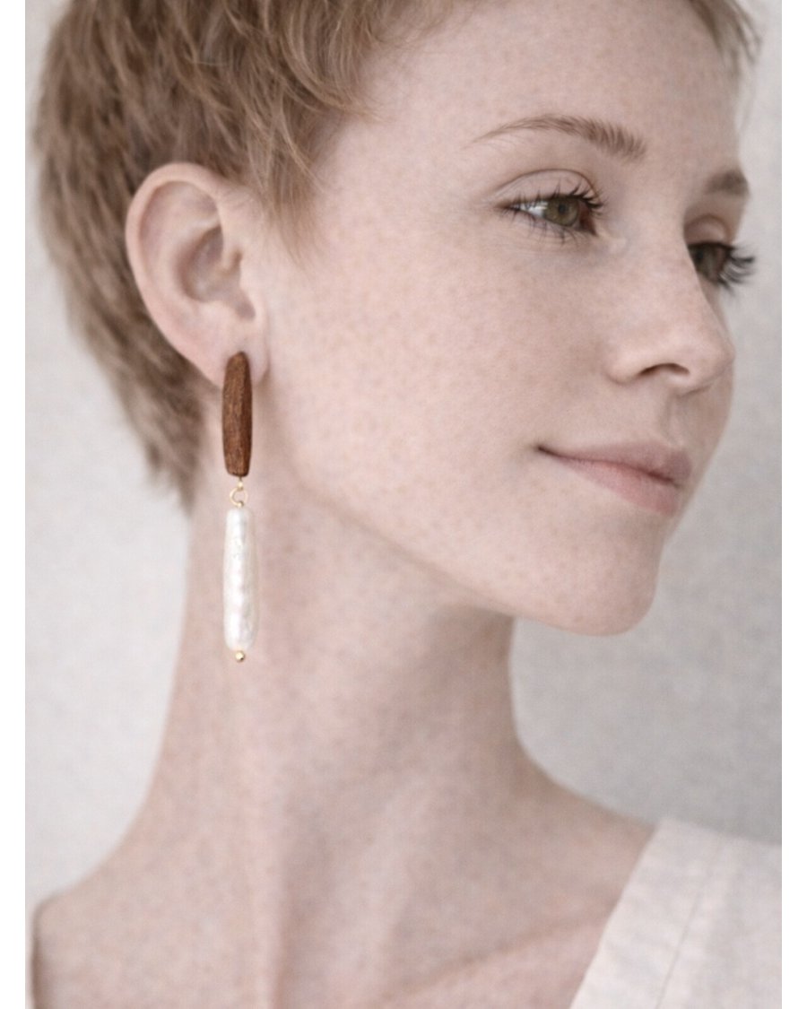Wooden Earrings with Natural Pearls | Minimalist Jewelry