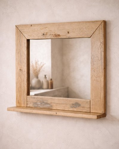 Lustro drewniane z półką | Ręcznie wykonane lustro z litego drewna