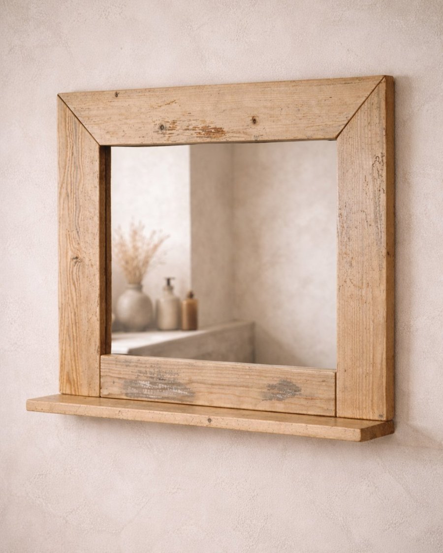 Lustro drewniane z półką | Ręcznie wykonane lustro z litego drewna