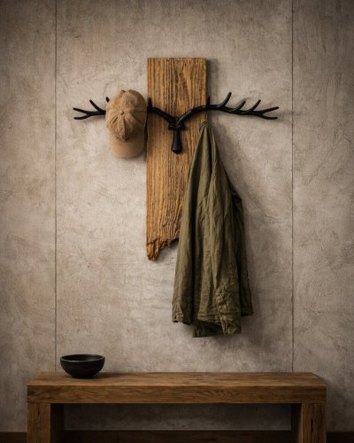Rustic Reclaimed Wood Wall Rack with Metal Antlers. Farmhouse Hanger
