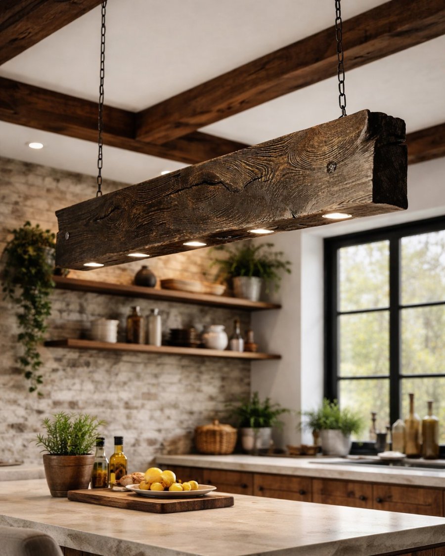 Rustykalna drewniana lampa wisząca z belki | Lampa nad stół handmade | Styl loft i farmhouse