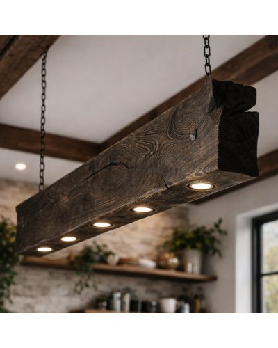 Rustykalna drewniana lampa wisząca z belki | Lampa nad stół handmade | Styl loft i farmhouse