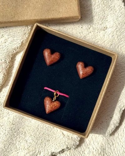 Gift Set: Wooden Heart Pendant & Studs | Sapeli Wood Jewelry