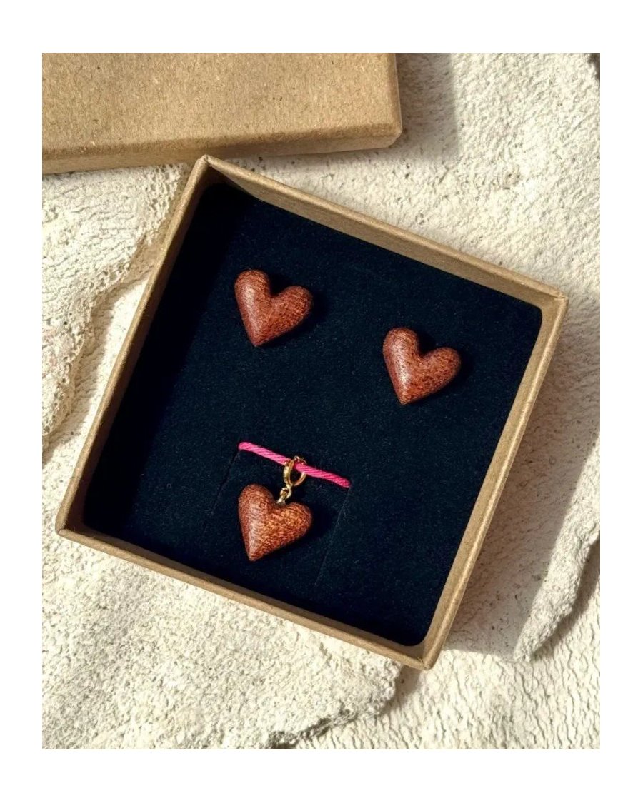 Gift Set: Wooden Heart Pendant & Studs | Sapeli Wood Jewelry