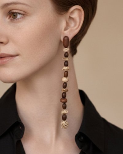 Unique earrings with wooden diamonds and green mother of pearl