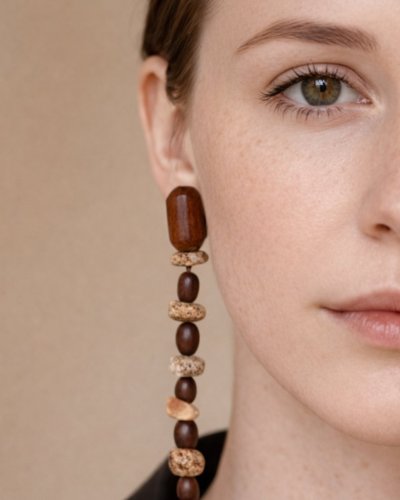 Unique earrings with wooden diamonds and green mother of pearl