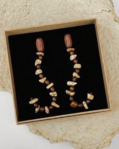 Unique earrings with wooden diamonds and green mother of pearl