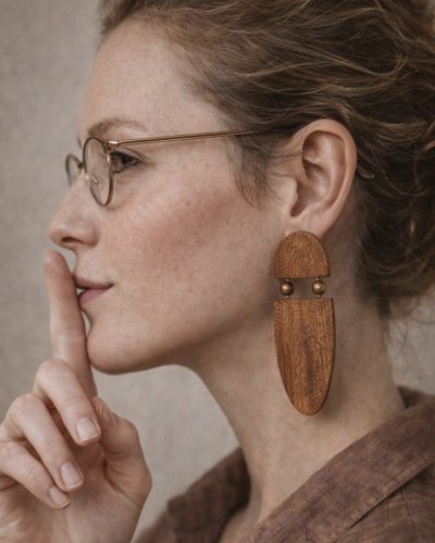 Drewniane duże kolczyki z brązowymi perłami Marachic