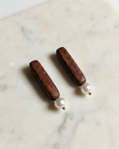 Charming wooden baton earrings with pearl ends | Minimalist jewelry