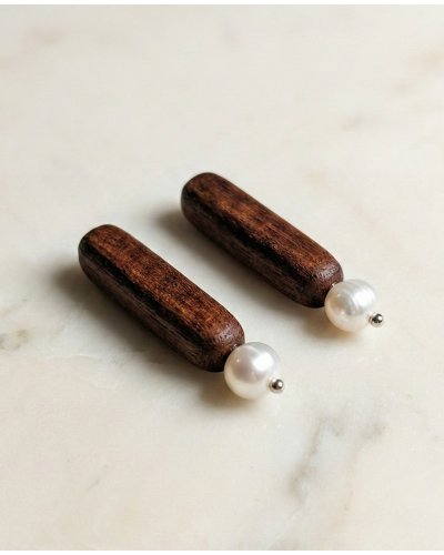 Charming wooden baton earrings with pearl ends | Minimalist jewelry