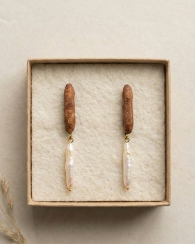 Wooden Earrings with Natural Pearls | Minimalist Jewelry