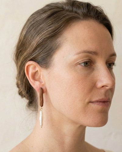 Wooden Earrings with Natural Pearls | Minimalist Jewelry