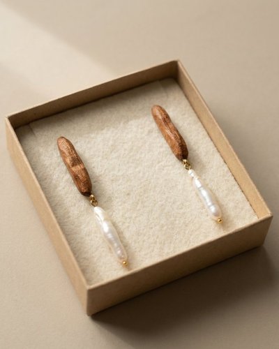 Wooden Earrings with Natural Pearls | Minimalist Jewelry