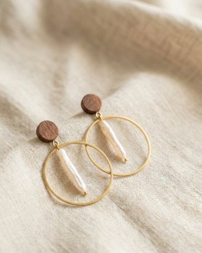 Wooden Earrings with Natural Pearls | Minimalist Jewelry