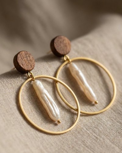 Wooden Earrings with Natural Pearls | Minimalist Jewelry