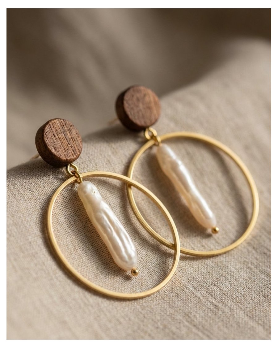 Wooden Earrings with Natural Pearls | Minimalist Jewelry