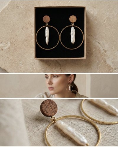 Wooden Earrings with Natural Pearls | Minimalist Jewelry