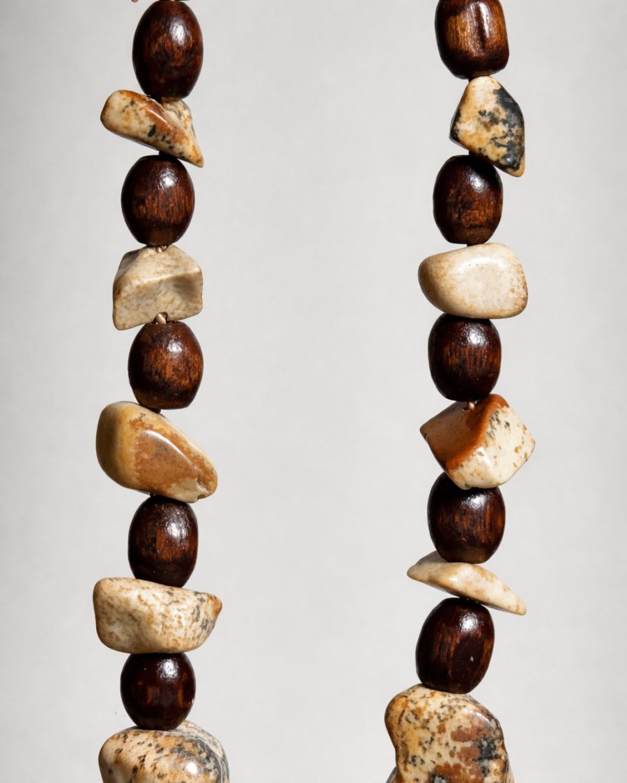 Unique earrings with wooden diamonds and green mother of pearl