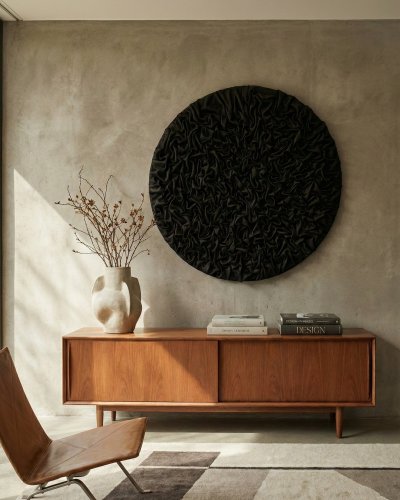 Round black textured 3D wall art  minimalist wall decor