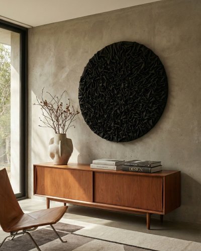 Round black textured 3D wall art  minimalist wall decor