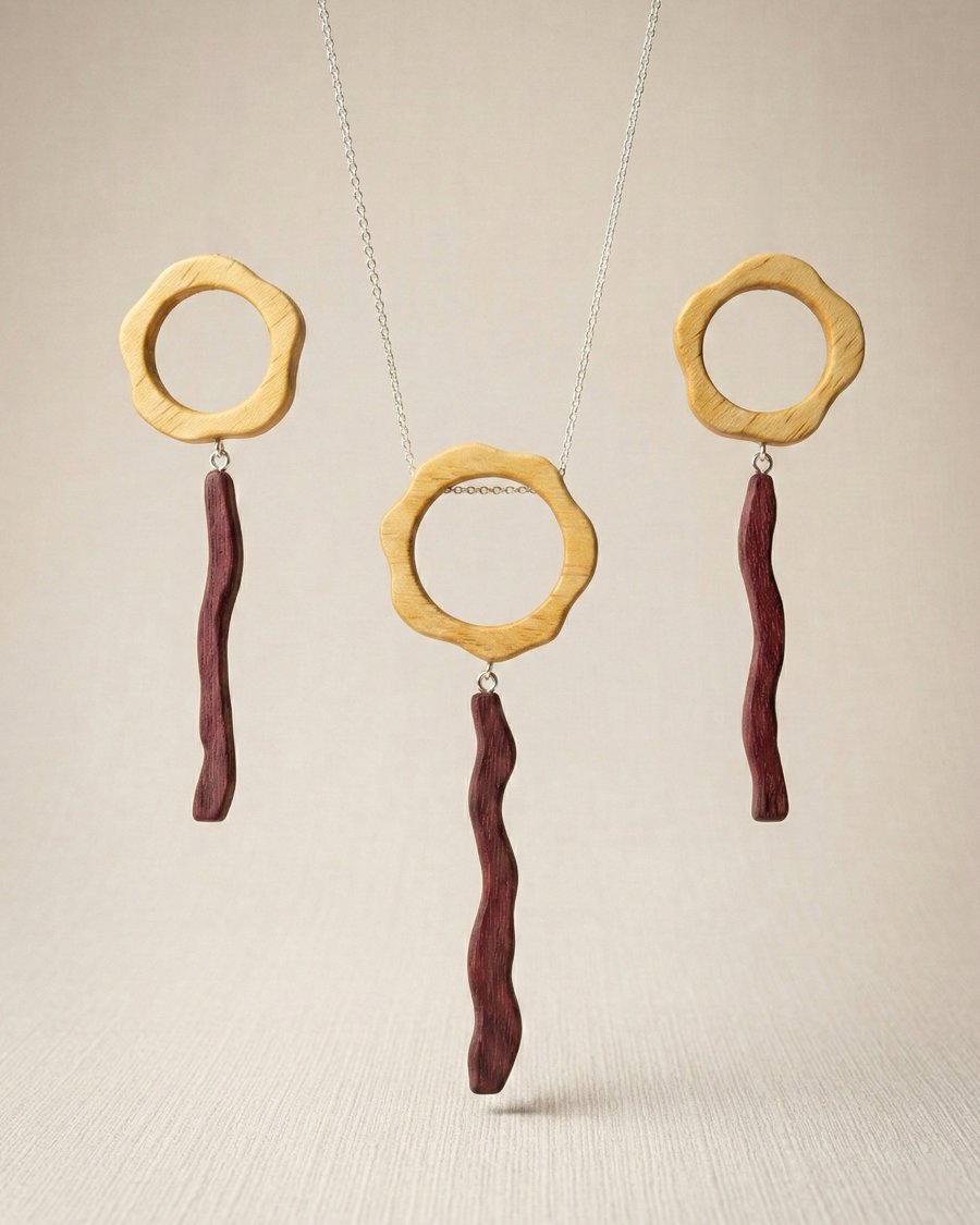 SAMARA wooden jewelry set – handmade necklace and earrings in samba and amaranth wood