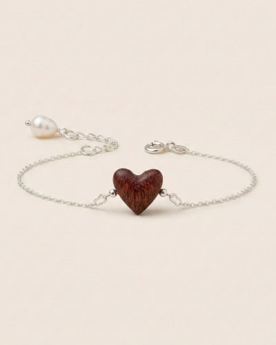 wooden heart bracelet with pearl silver chain