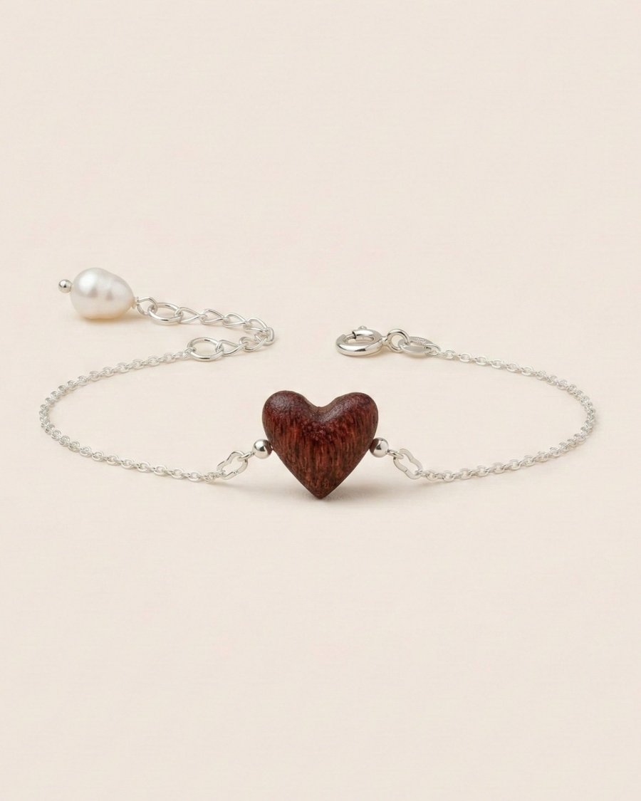 wooden heart bracelet with pearl silver chain