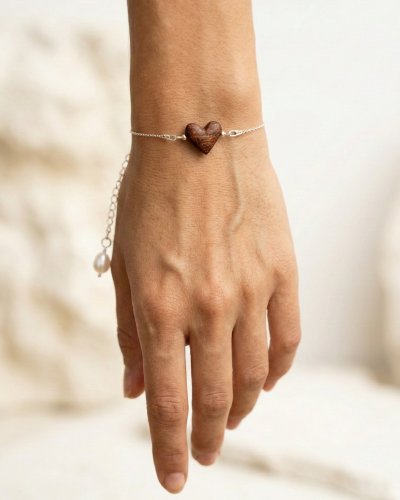 wooden heart bracelet on wrist