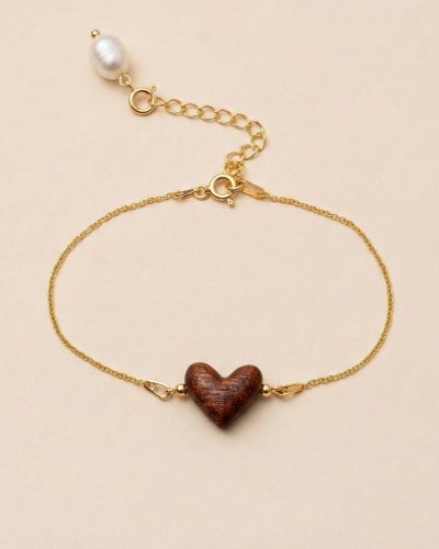 wooden heart bracelet with pearl silver chain