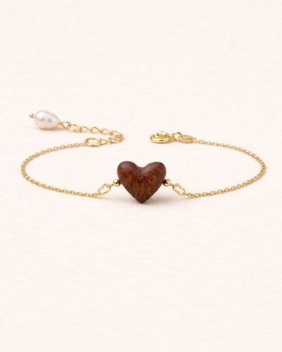 wooden heart bracelet with pearl silver chain