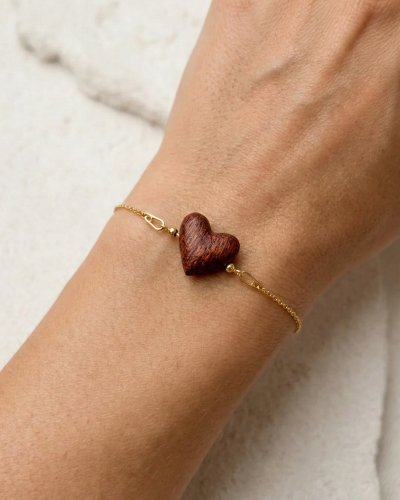 wooden heart bracelet on wrist