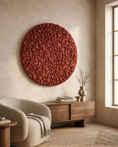 Round Red Textured 3D Wall Art – Minimalist Wall Decor